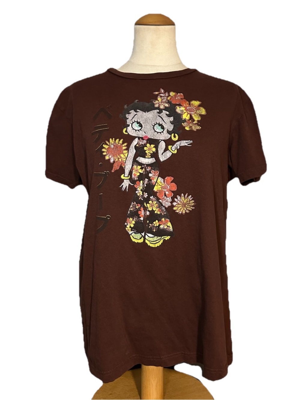 Betty Boop Floral Japanese Graphic Tee Brown Size Medium